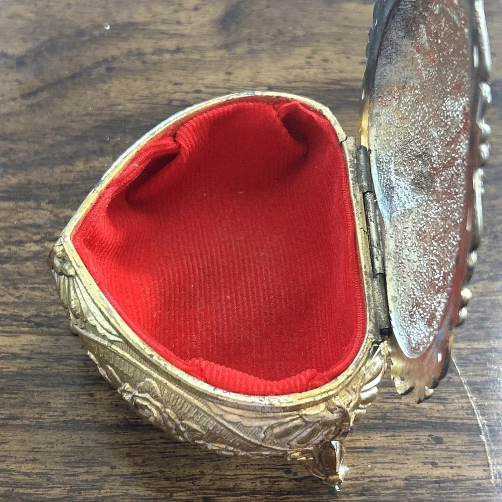 Vintage Japan Heart Shaped Trinket Jewelry Box Gold Tone Roses Red Velvet Footed